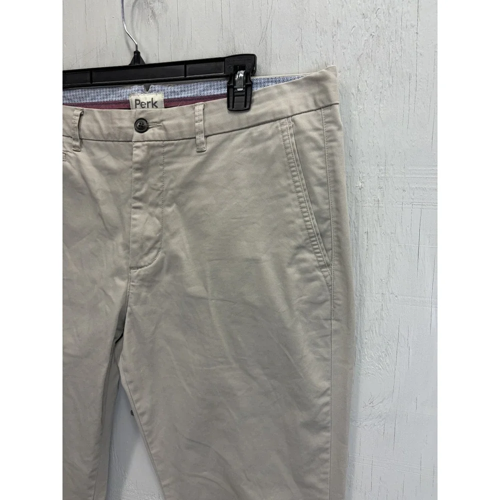 Mens PERK Khaki Pants Slim Stretch Size 36x32 Brown Tan Casual Flat Front